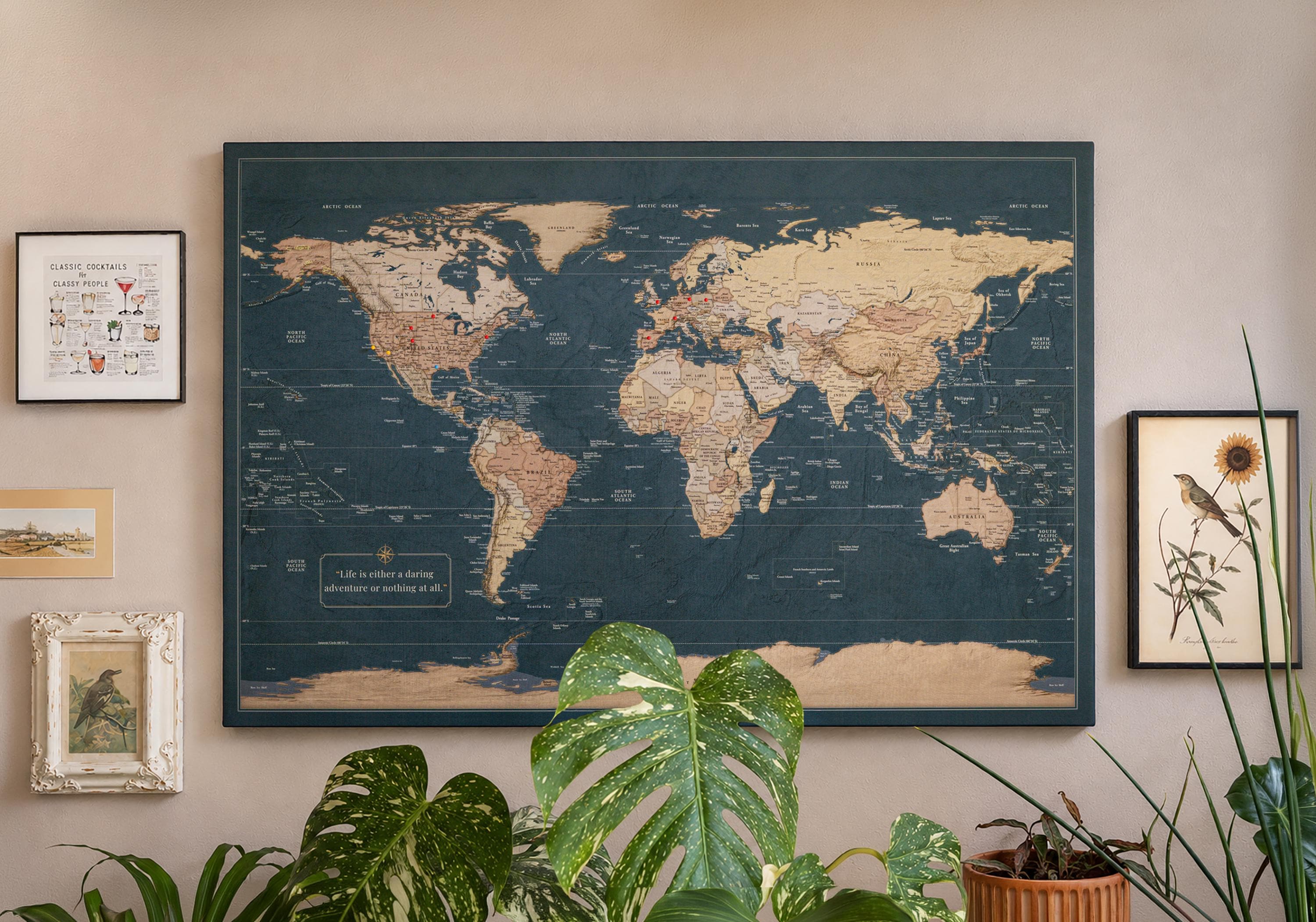 Slated Earth Blue & Gold World Push Pin Map on Premium Canvas
