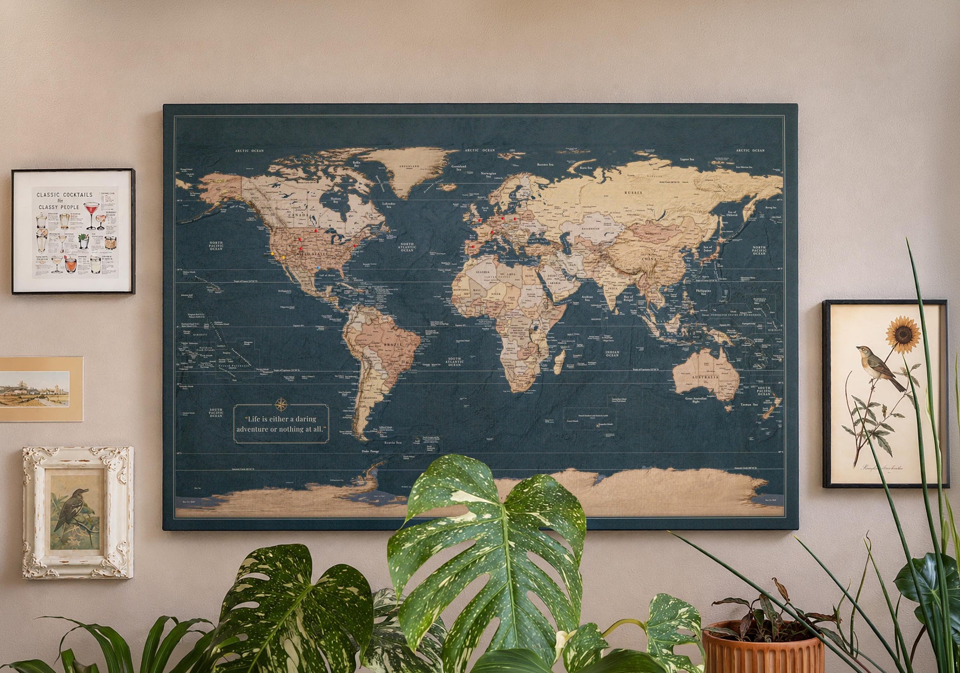 Slated Earth Blue & Gold World Push Pin Map on Premium Canvas - Custom Travel Pinboard with Personalized Legend, Pinnable World Map