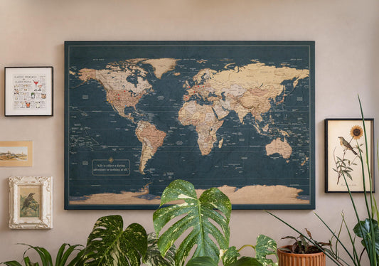 Slated Earth Blue & Gold World Push Pin Map on Premium Canvas - Custom Travel Pinboard with Personalized Legend, Pinnable World Map