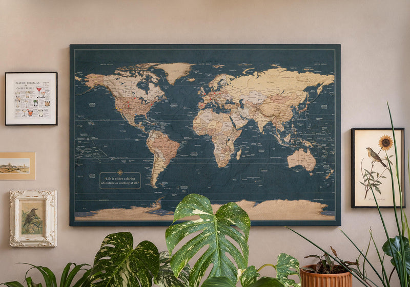 Slated Earth Blue & Gold World Push Pin Map on Premium Canvas - Custom Travel Pinboard with Personalized Legend, Pinnable World Map