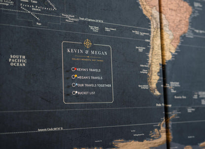 Slated Earth Blue & Gold World Push Pin Map on Premium Canvas - Custom Travel Pinboard with Personalized Legend, Pinnable World Map