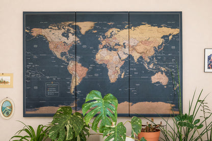 Slated Earth Blue & Gold World Push Pin Map on Premium Canvas - Custom Travel Pinboard with Personalized Legend, Pinnable World Map