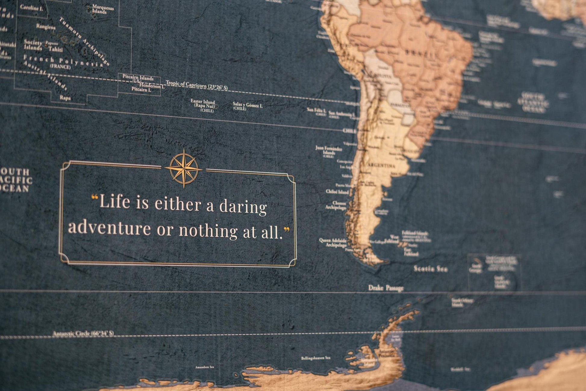 Slated Earth Blue & Gold World Push Pin Map on Premium Canvas - Custom Travel Pinboard with Personalized Legend, Pinnable World Map