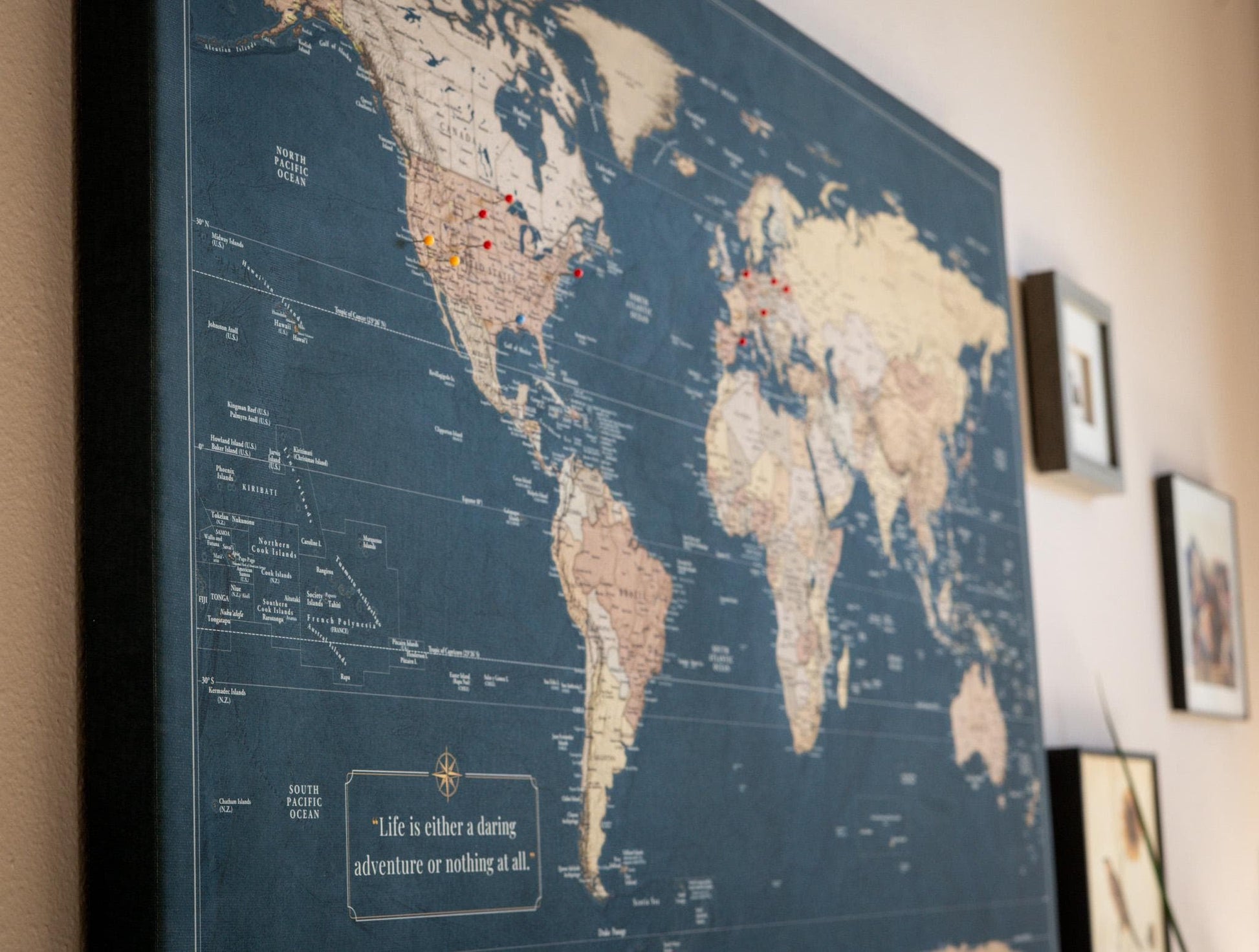 Slated Earth Blue & Gold World Push Pin Map on Premium Canvas - Custom Travel Pinboard with Personalized Legend, Pinnable World Map