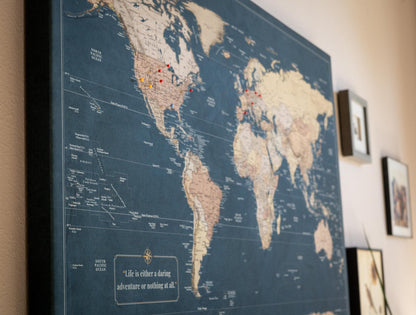 Slated Earth Blue & Gold World Push Pin Map on Premium Canvas - Custom Travel Pinboard with Personalized Legend, Pinnable World Map