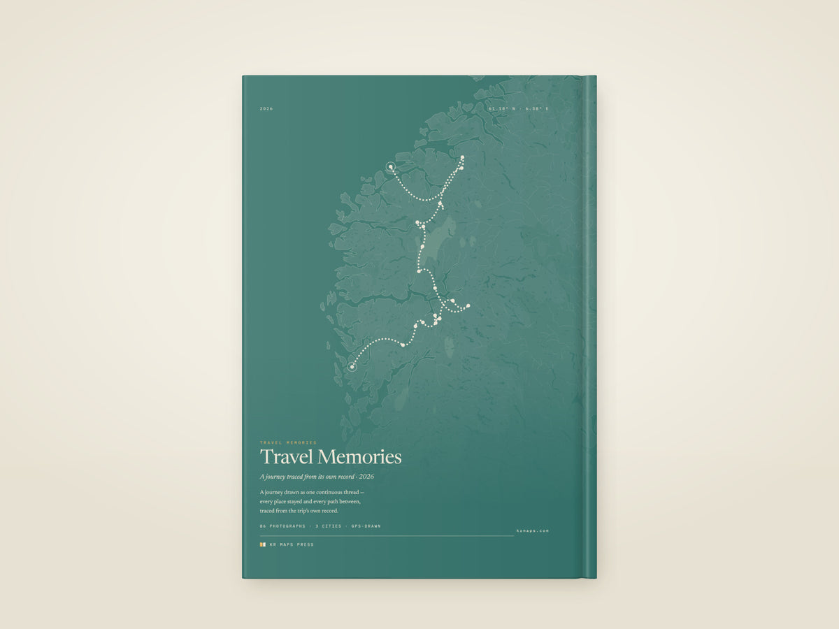 The back of the A4 portrait hardcover Travel Book — the whole route drawn as one line, from the photographs' own GPS