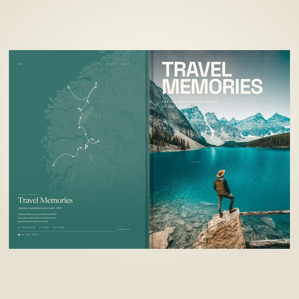 kr-paper:kr-maps-travel-book-a4-portrait-hardcover:hero:c3ffbb8c — The full cover of an A4 portrait hardcover KR Maps Travel Book laid flat, back and front side by side. The front is a lake under snow-streaked peaks with the title set large across it; the back is a deep teal map of the Norwegian west coast, every fjord and island drawn into it, with the whole twelve-day route beaded up the coast from Bergen to Ålesund and the title and the trip’s own numbers set below