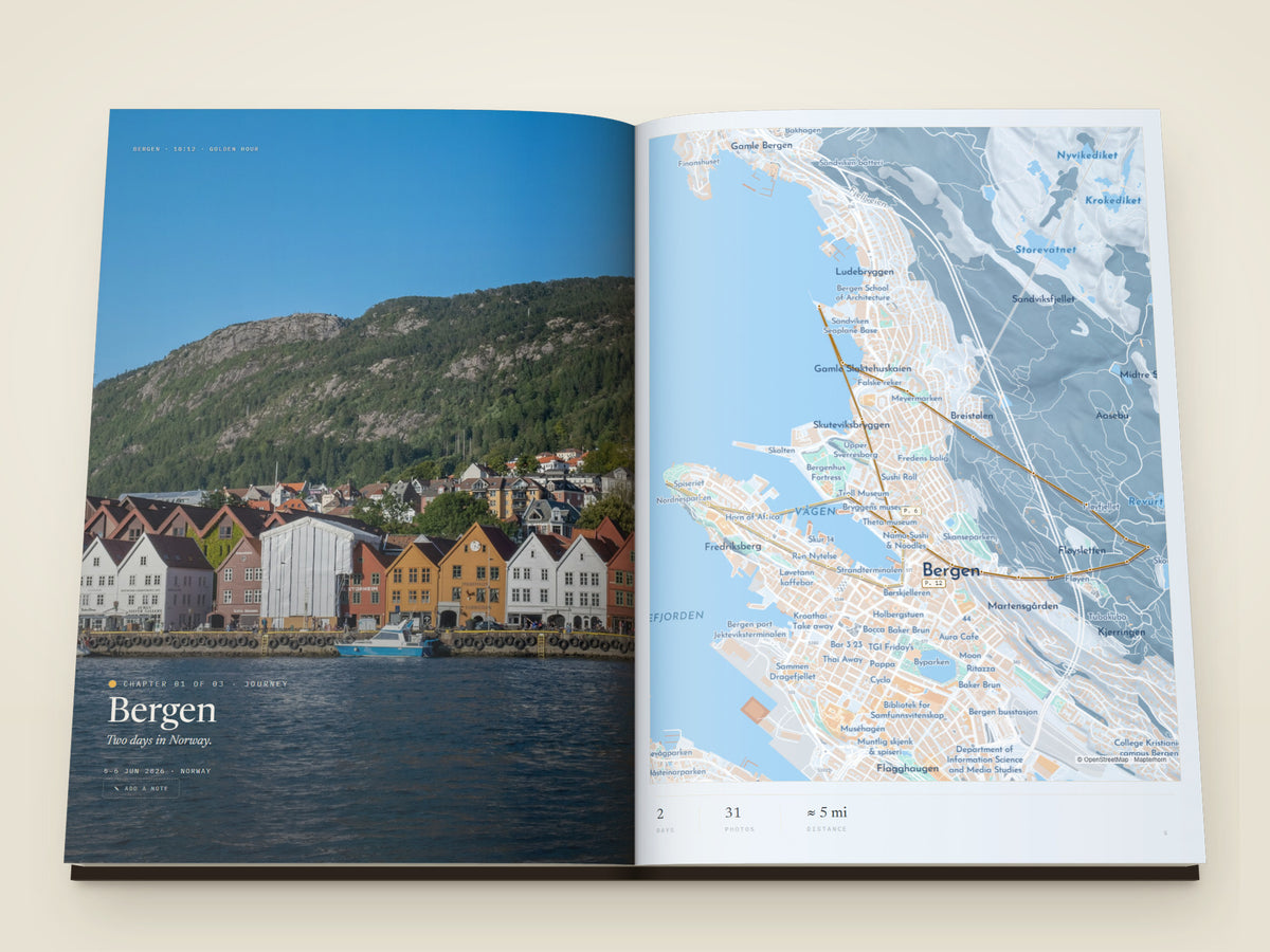 The same A4 portrait hardcover Travel Book, open on the table. A chapter opening across both pages — the painted wooden fronts of Bryggen along the Bergen harbour filling the left page beneath the chapter name, facing a street map of Bergen with the days' walks drawn on it