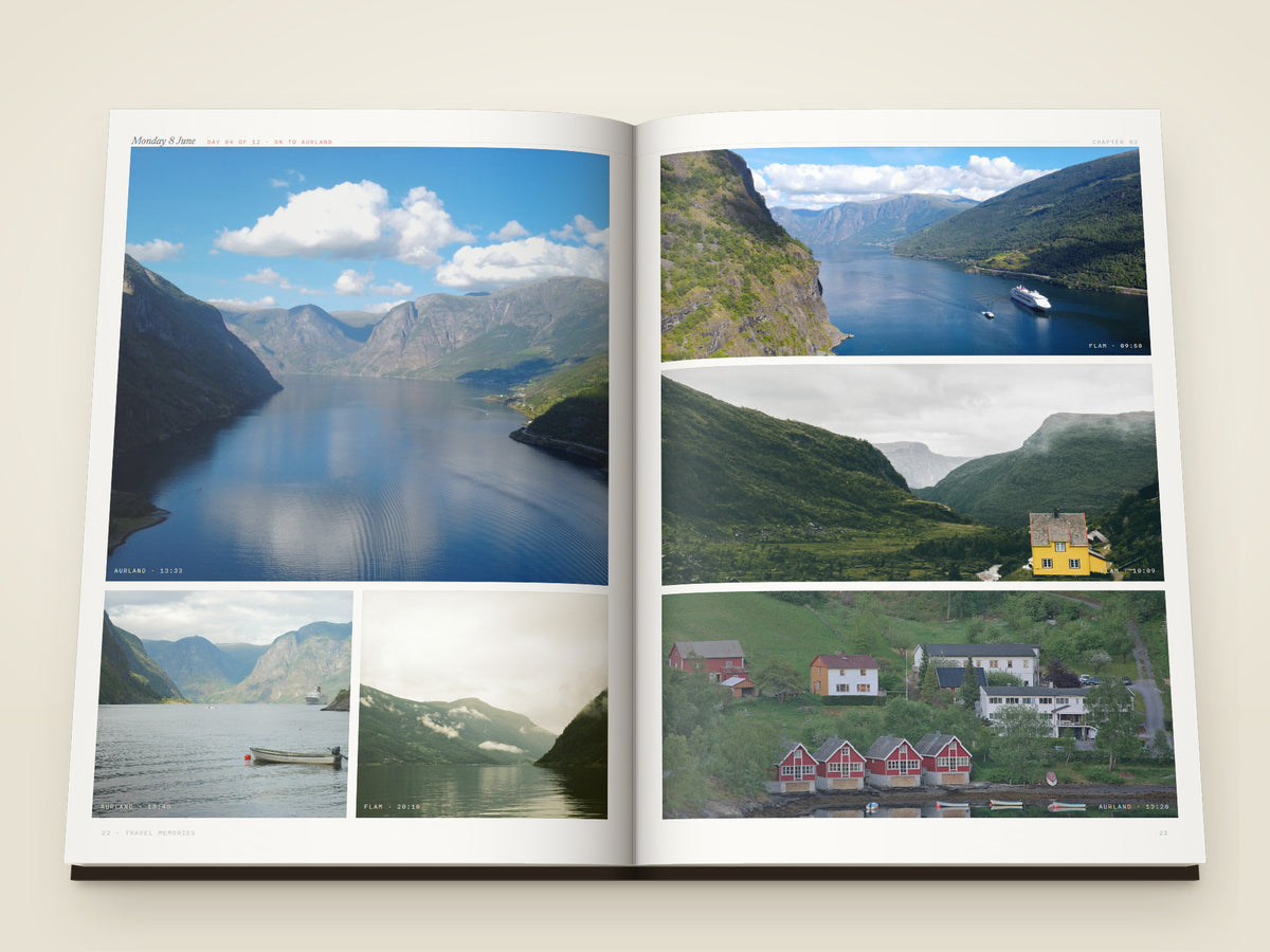 The same A4 portrait hardcover Travel Book, open on the table. Two printed pages — six photographs from the Flåm day — the fjord from the water twice, a rowing boat under the cliffs, a cruise ship far down the fjord, a yellow farmhouse on the slope and red boathouses at the shore