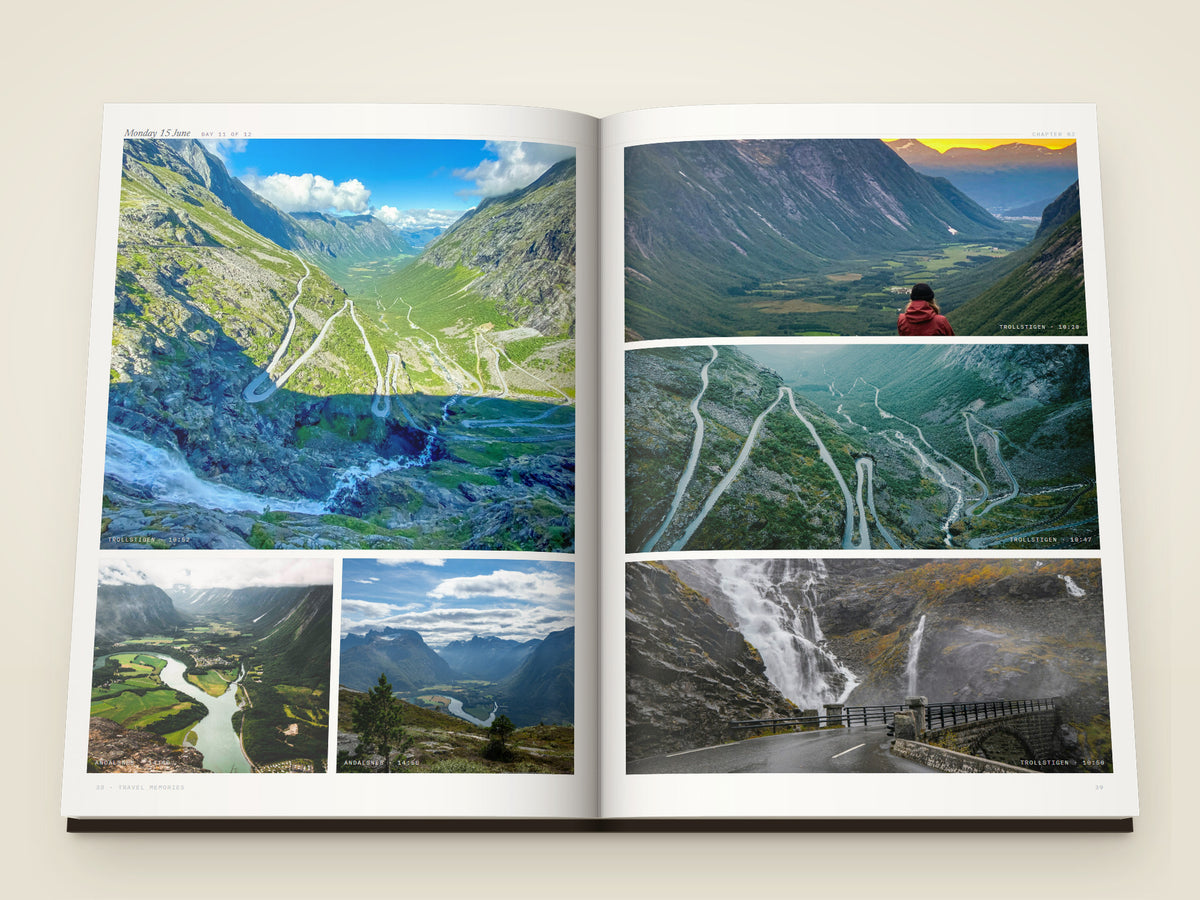 The same A4 portrait hardcover Travel Book, open on the table. Two printed pages — six more from the Trollstigen day — the hairpins climbing the valley wall, a figure at the viewpoint above the valley, the road from above, the waterfall beside the bridge, the river braiding down the Romsdal valley and the fjord at Åndalsnes