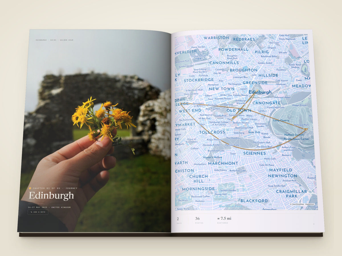 The same A4 portrait hardcover Travel Book open on the table, a spread of photographs printed across both pages