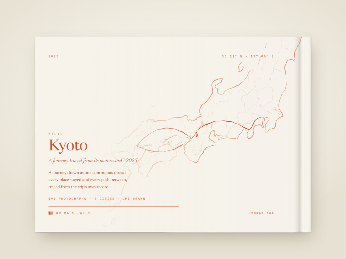 The back of the A5 landscape hardcover Travel Book — the whole route drawn as one line, from the photographs' own GPS