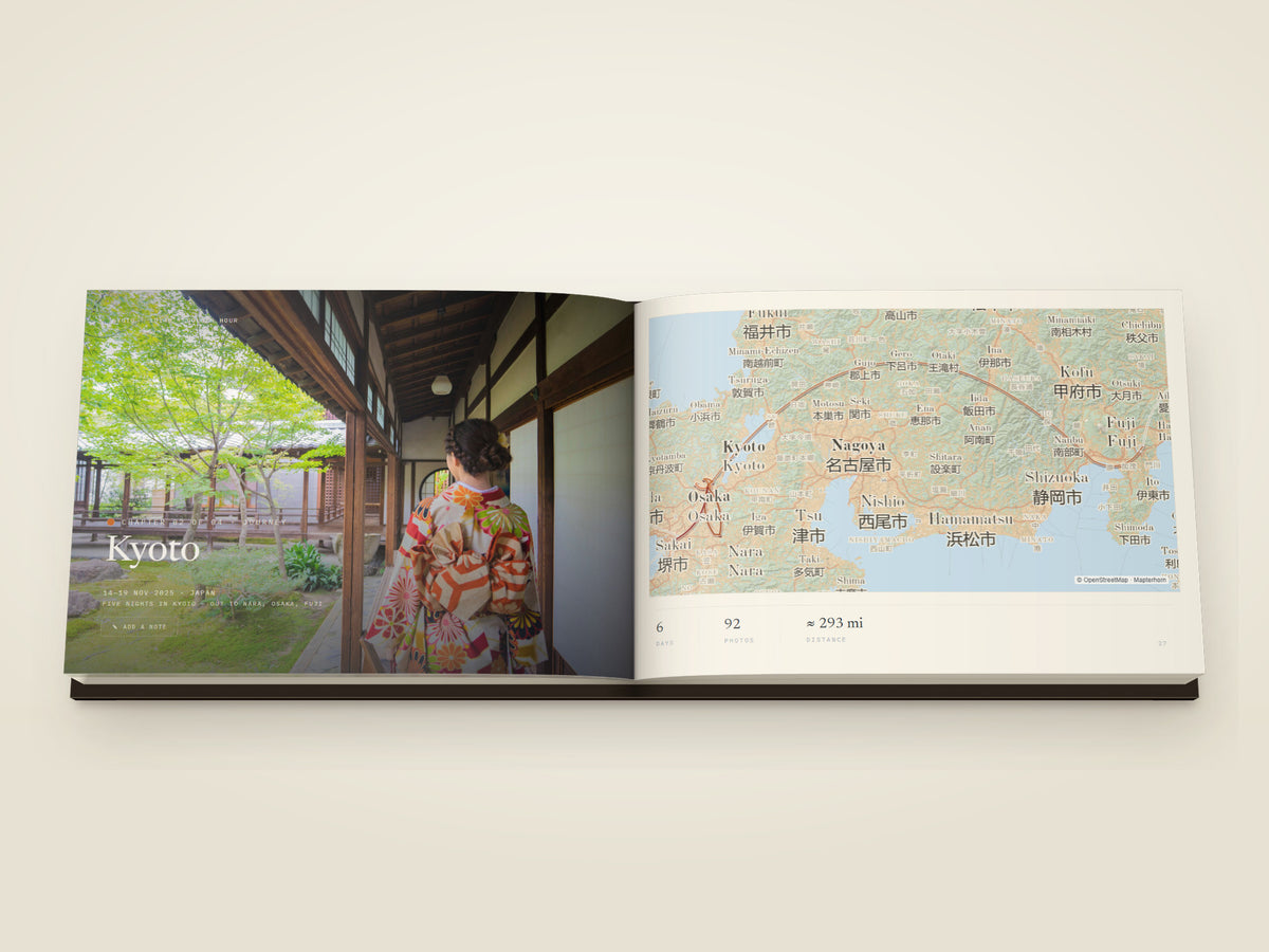 The same A5 landscape hardcover Travel Book open on the table, a spread of photographs printed across both pages