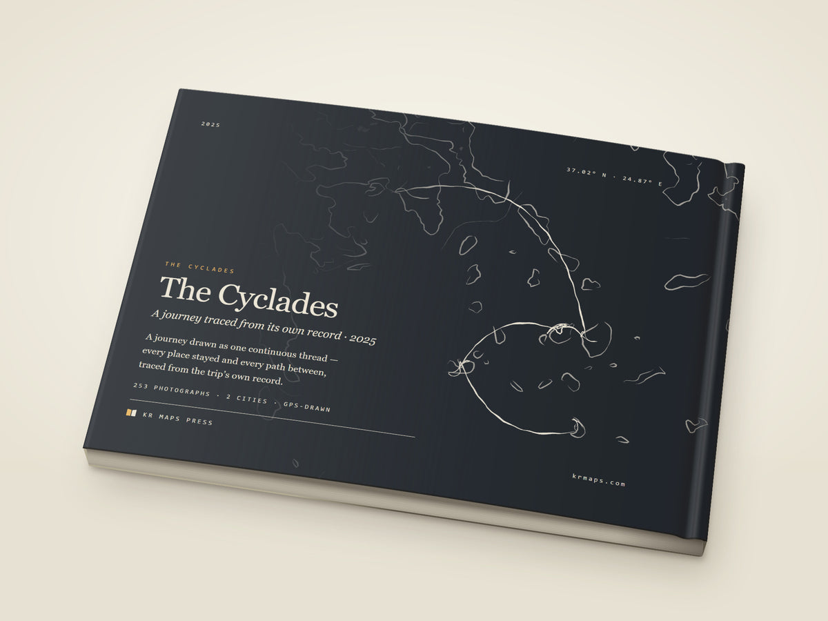 The back of the A5 landscape softcover Travel Book — the whole route drawn as one line, from the photographs' own GPS