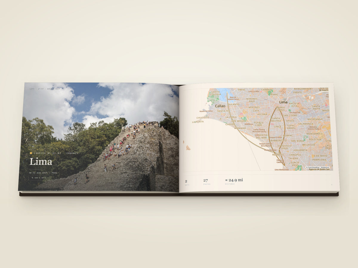 The same A4 landscape hardcover Travel Book open on the table, a spread of photographs printed across both pages
