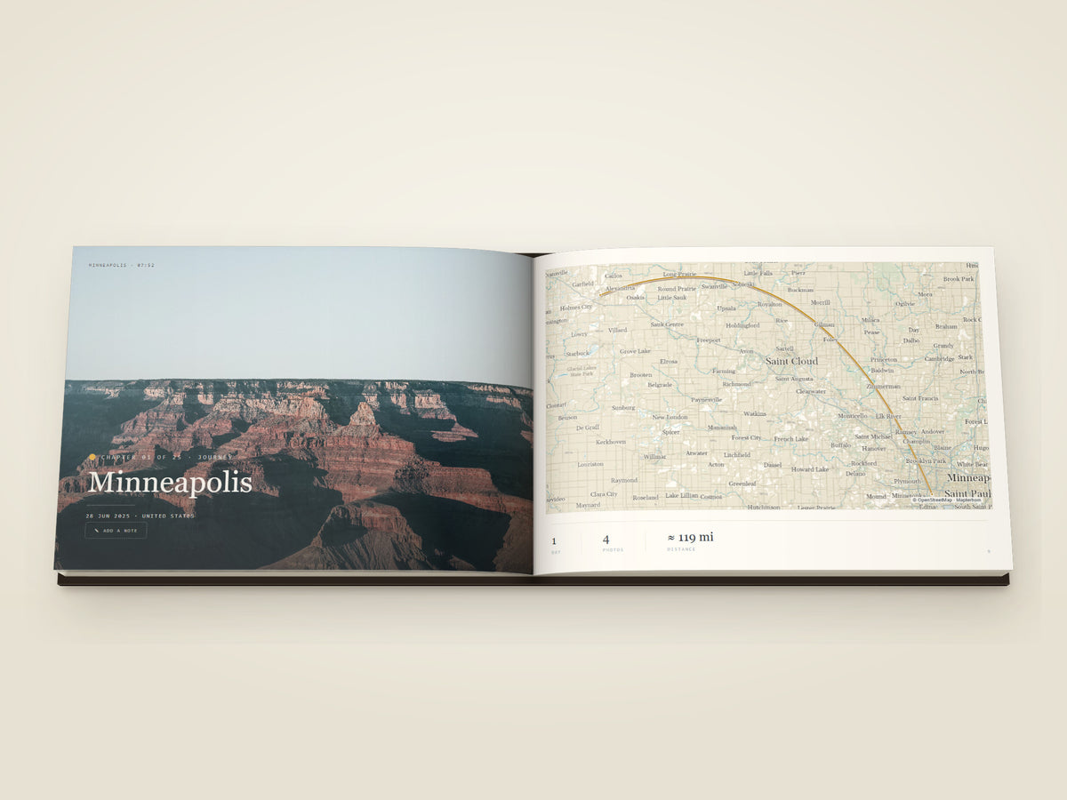 The same A4 landscape lay-flat Travel Book open on the table, a spread of photographs printed across both pages
