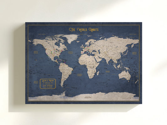 Customized Executive World Travel Map with push pins for marking travel destinations in blue and gold by KR Maps