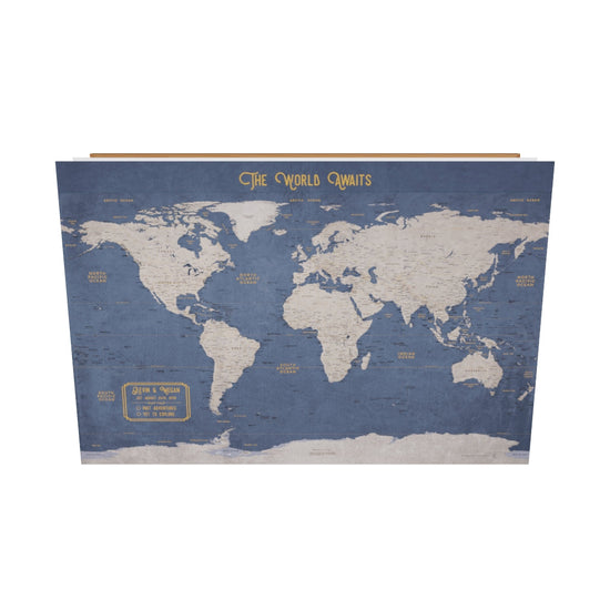 World Map Executive Style Push Pin Travel Map to Mark world travels for wanderlust world travelers in blue and gold colors that pins can stick out of to track your travels. Three layers of map, foamboard and canvas to wrap wood