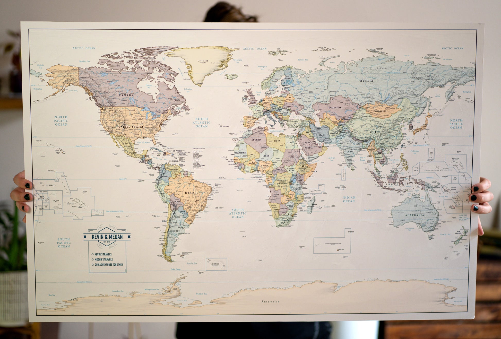 Muted Tones- World map to track world travels of Wanderlust Travelers to push pins where they have traveled. Can be used to push pins into to show past and future travels, for singles, couples, or families. In Foamboard or Canvas to hold push pins. Warm colors for cozy home vibes