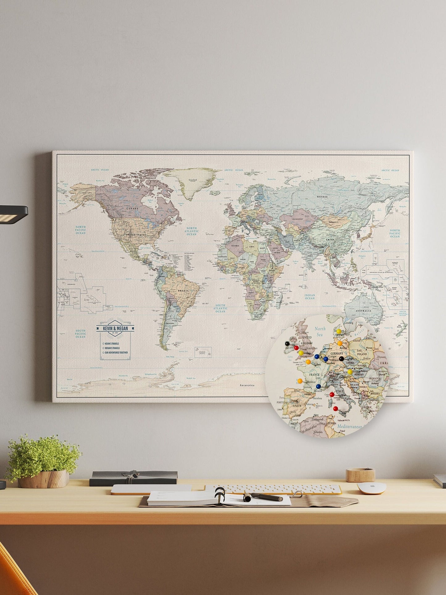 Muted Tones- World map to track world travels of Wanderlust Travelers to push pins where they have traveled. Can be used to push pins into to show past and future travels, for singles, couples, or families. In Foamboard or Canvas to hold push pins