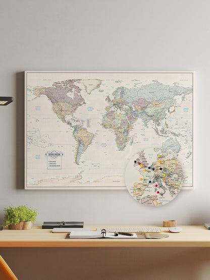 Muted Tones- World map to track world travels of Wanderlust Travelers to push pins where they have traveled. Can be used to push pins into to show past and future travels, for singles, couples, or families. In Foamboard or Canvas to hold push pins
