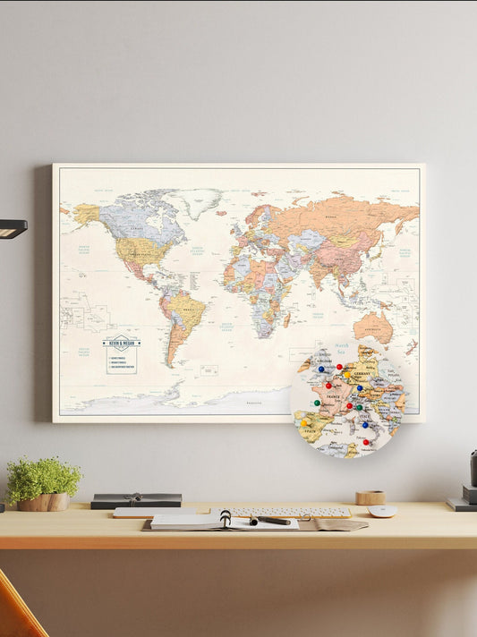 Colorful Push Pin Travel Map with Pins - 24x36" or 24x16" Travel Map Canvas Pin Board