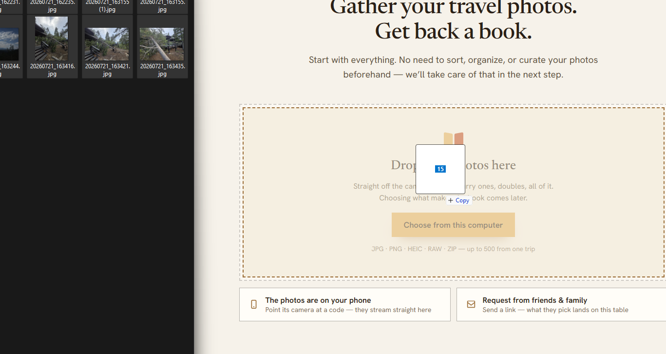 The folder of copied photos being dragged onto the book builder’s table