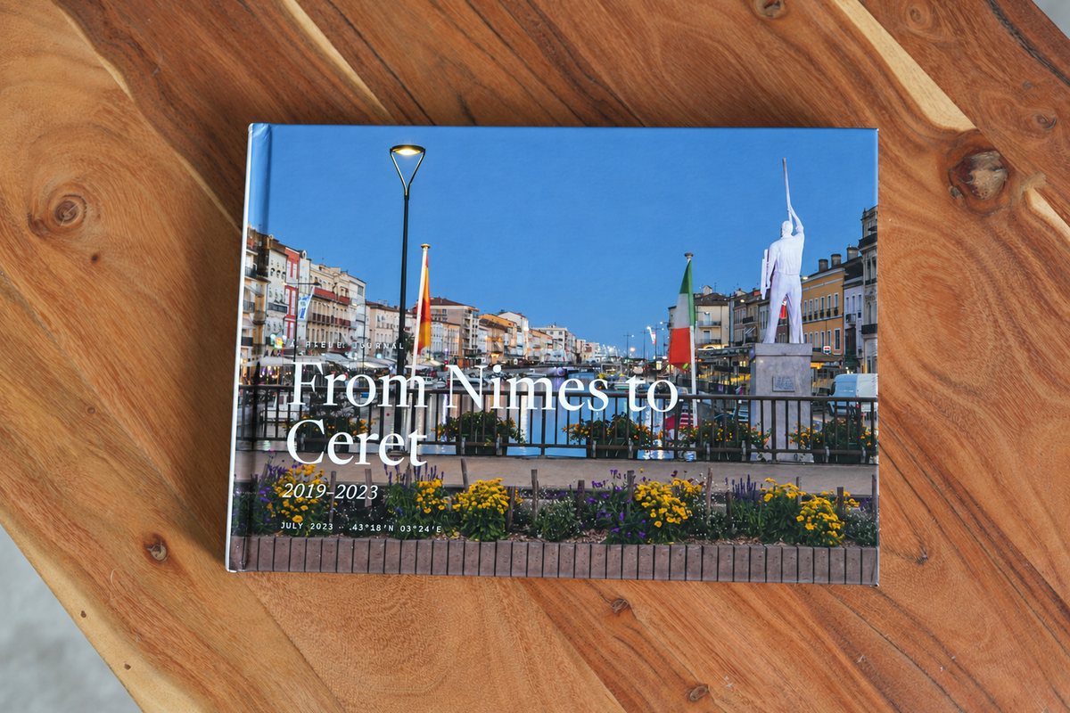 From Nimes to Ceret with a photograph on the cover instead of the drawn line: a harbour at dusk, July 2023