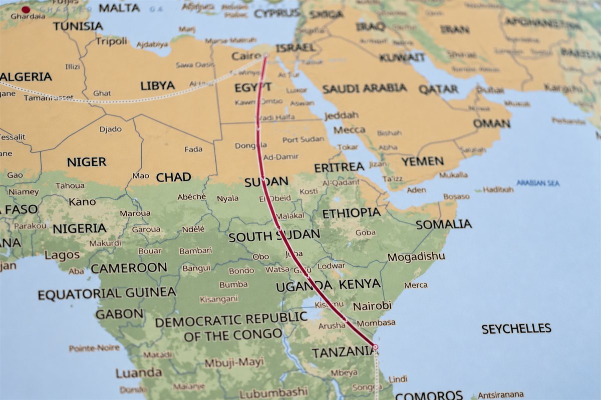 A route south through Sudan, drawn across a map of north-east Africa