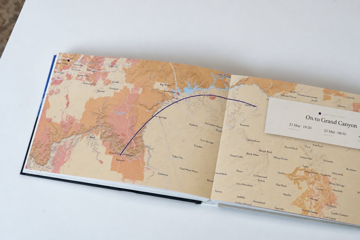 Getting there: a card for the next leg, On to Grand Canyon, left 21 May at 19:20 and arrived 22 May at 08:10