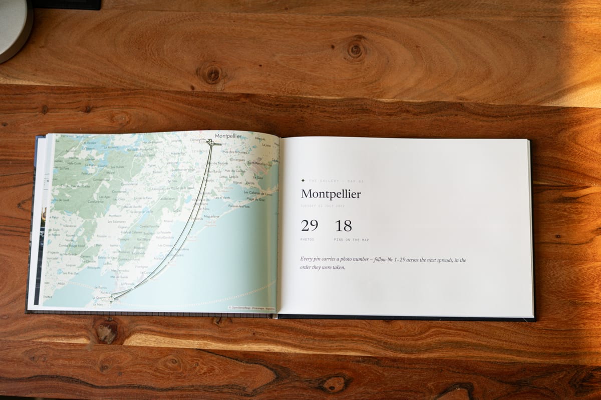 Montpellier: 29 photographs, 18 pins, numbered so you can follow them across the next spreads