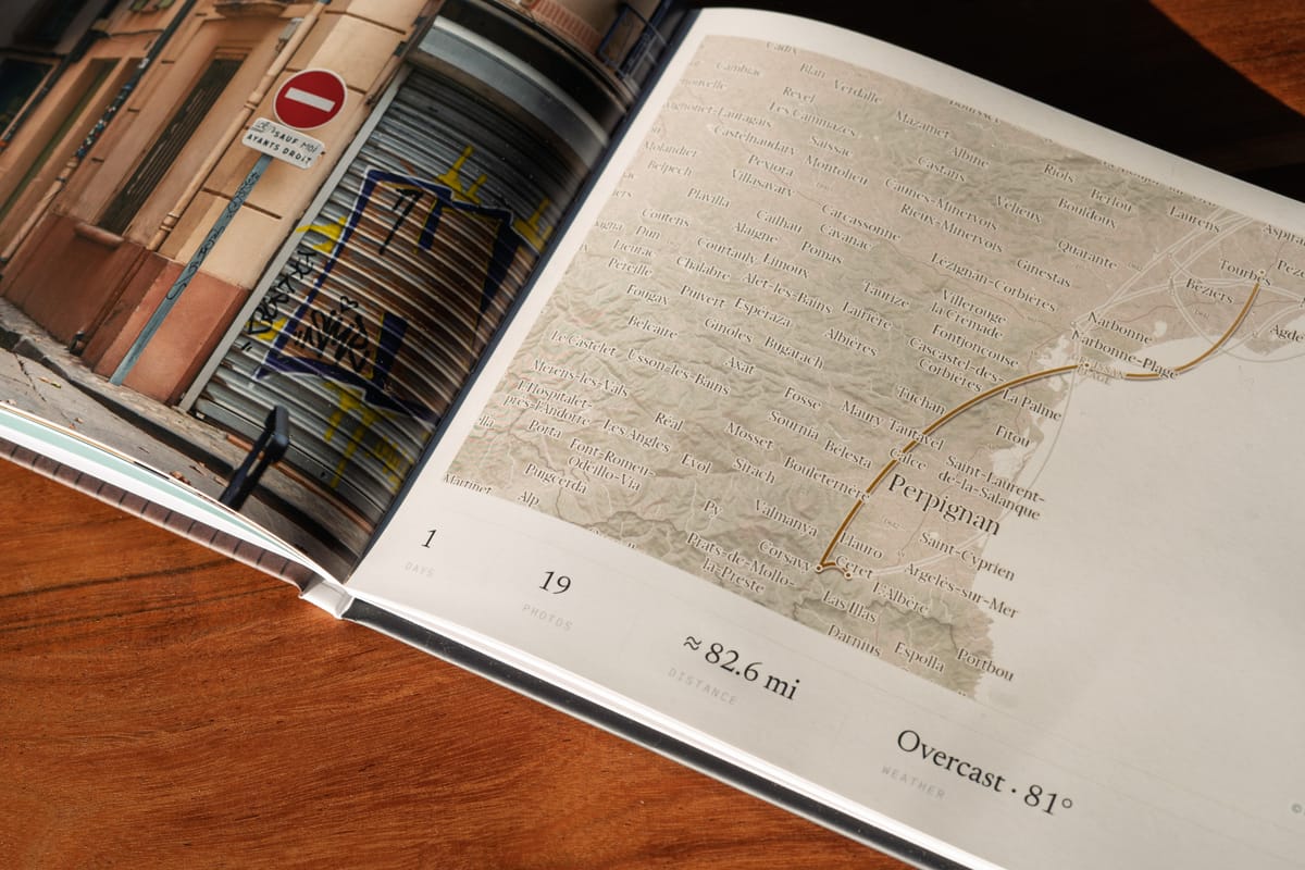 One day, 19 photographs, 82.6 miles, overcast and 81&deg; &mdash; the figures set under the map