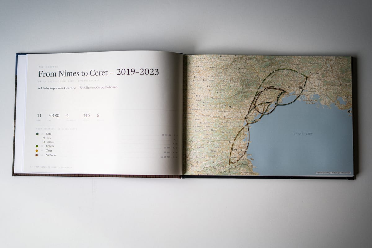 The opening spread: an eleven-day trip across four journeys &mdash; S&egrave;te, B&eacute;ziers, Ceret, Narbonne &mdash; drawn on one map