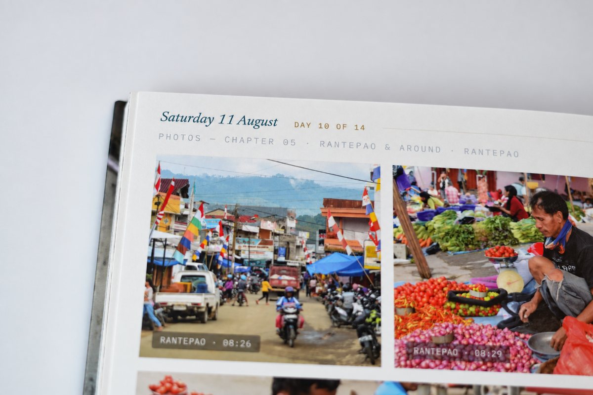 Saturday 11 August, day 10 of 14: Rantepao at 08:26 and 08:29, each photograph stamped with its time
