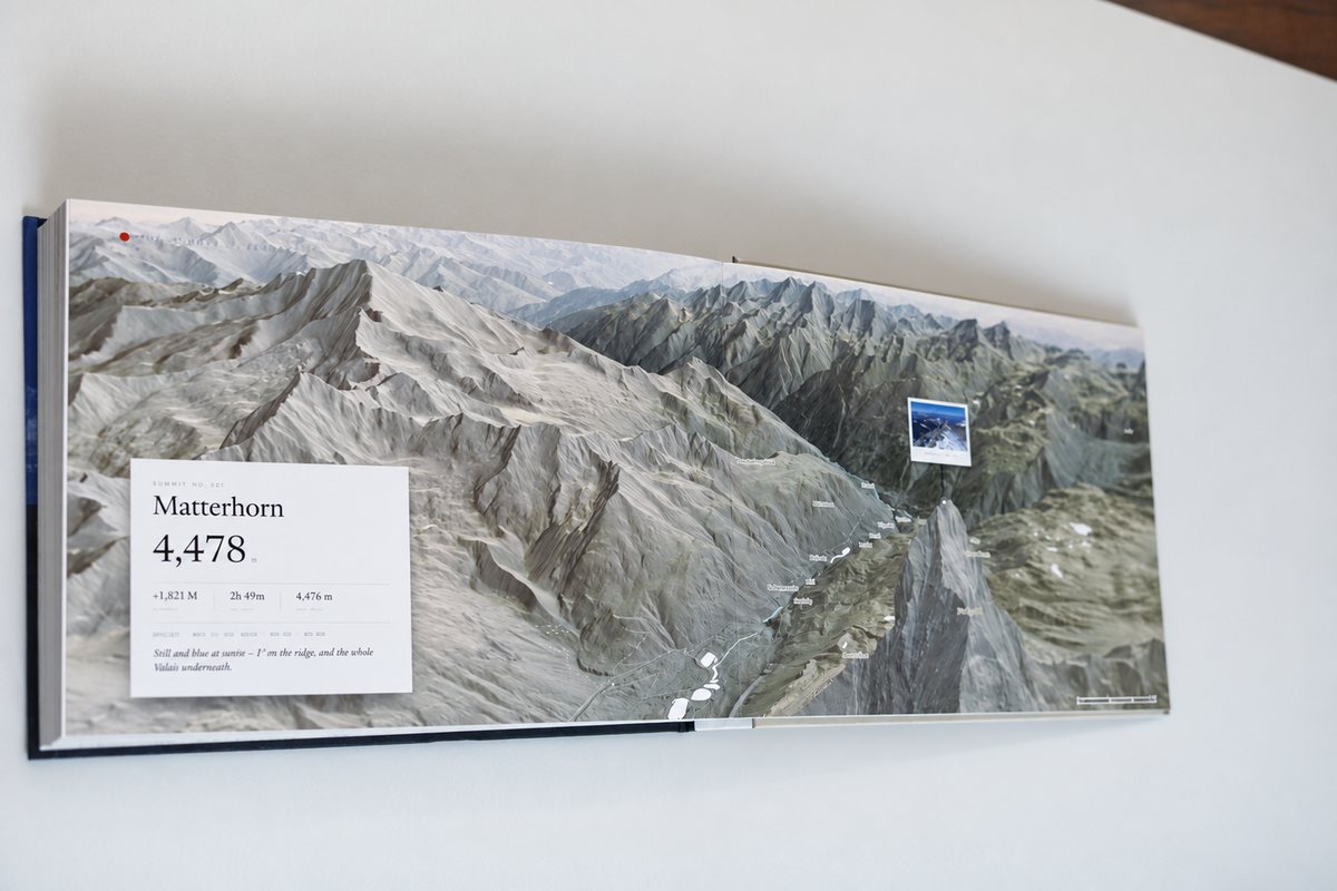 The Matterhorn, 4,478 m: a summit spread, the mountain in 3D with a photograph planted at its coordinates
