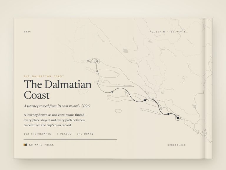 Fine line &mdash; an A5 landscape Travel Book back cover, the route drawn from a real trip's record