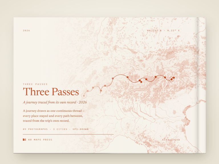 Everything on &mdash; an A5 landscape Travel Book back cover, the route drawn from a real trip's record