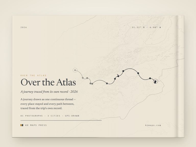 Relief &mdash; an A5 landscape Travel Book back cover, the route drawn from a real trip's record