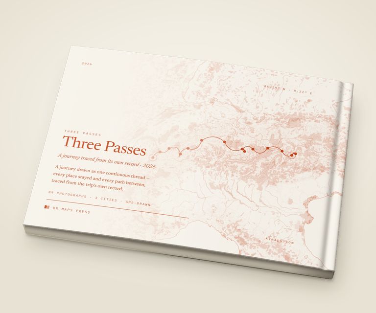 Everything on &mdash; an A5 landscape Travel Book back cover, the route drawn from a real trip's record