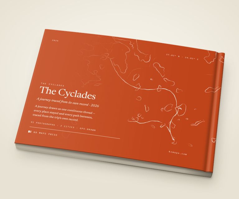 Inked &mdash; an A5 landscape Travel Book back cover, the route drawn from a real trip's record