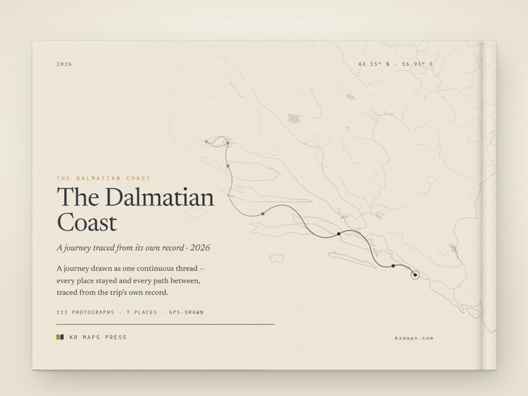 Fine line &mdash; an A4 landscape Travel Book back cover, the route drawn from a real trip's record