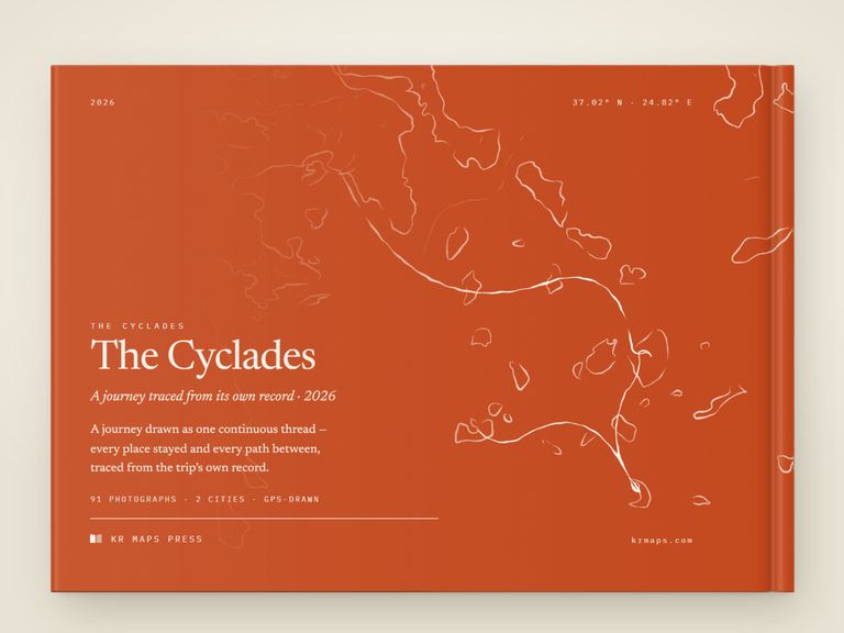 Inked &mdash; an A4 landscape Travel Book back cover, the route drawn from a real trip's record