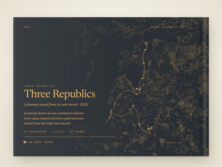 Region tone &mdash; an A4 landscape Travel Book back cover, the route drawn from a real trip's record
