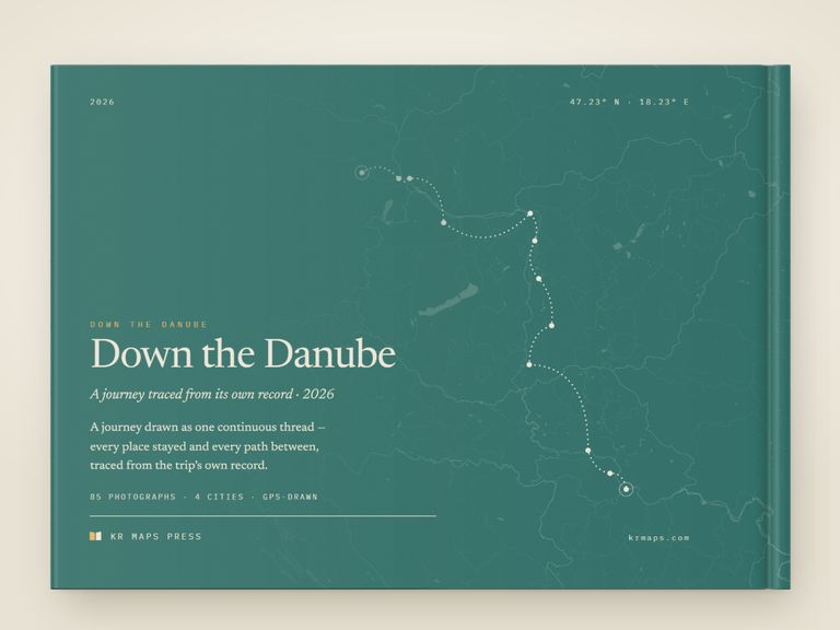 Rivers & lakes &mdash; an A4 landscape Travel Book back cover, the route drawn from a real trip's record