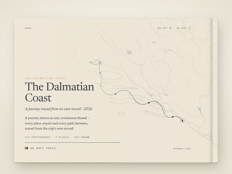 Fine line &mdash; an A4 landscape Travel Book back cover, the route drawn from a real trip's record