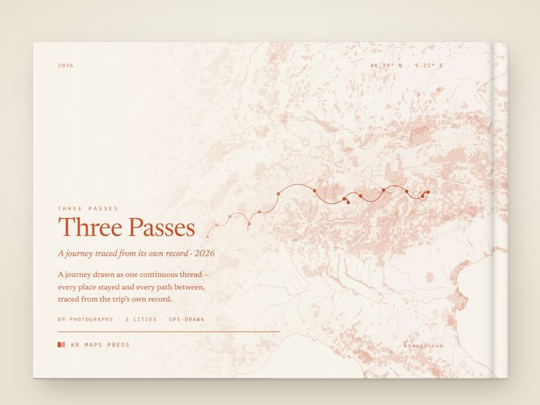 Everything on &mdash; an A4 landscape Travel Book back cover, the route drawn from a real trip's record