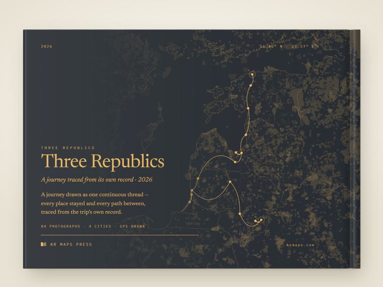 Region tone &mdash; an A4 landscape Travel Book back cover, the route drawn from a real trip's record