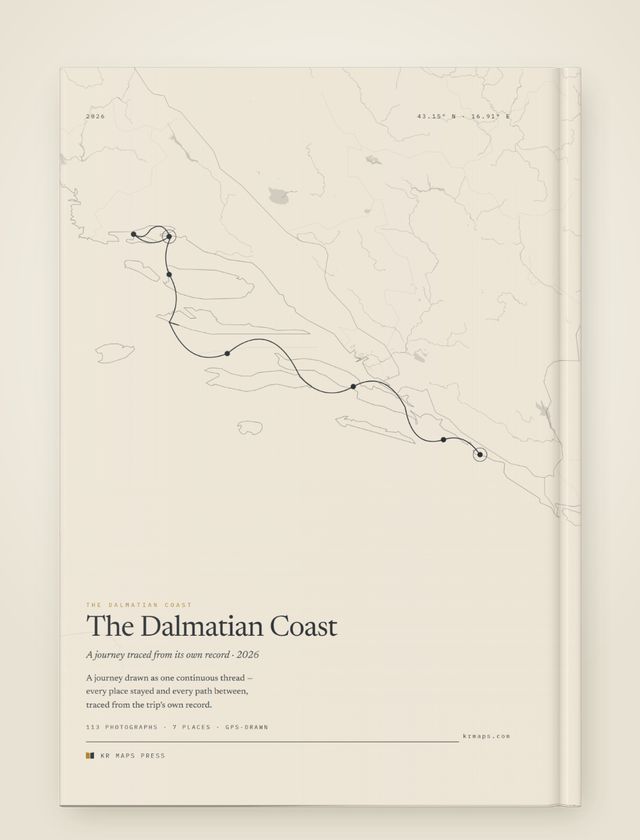 Fine line &mdash; an A4 portrait Travel Book back cover, the route drawn from a real trip's record