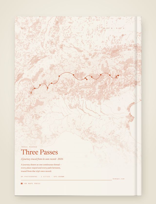 Everything on &mdash; an A4 portrait Travel Book back cover, the route drawn from a real trip's record