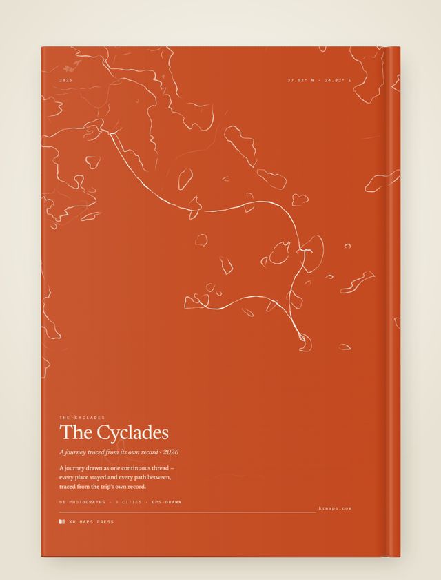 Inked &mdash; an A4 portrait Travel Book back cover, the route drawn from a real trip's record